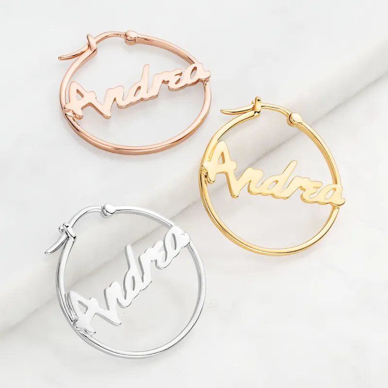Personalized Bold Script Name Small Hoop Earrings sold by Limoges Jewelry