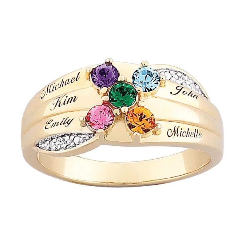 18K Gold over Sterling Family Name & Birthstone Ring with Diamond Accent sold by Limoges Jewelry
