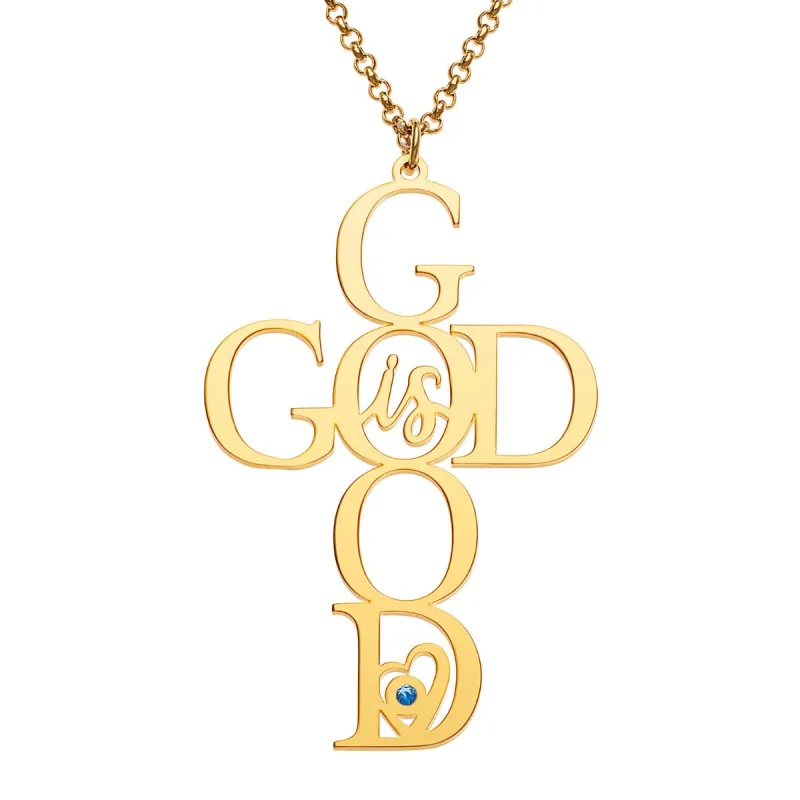 14K Gold Plated God is Good Cross with Birthstone Necklace sold by Limoges Jewelry