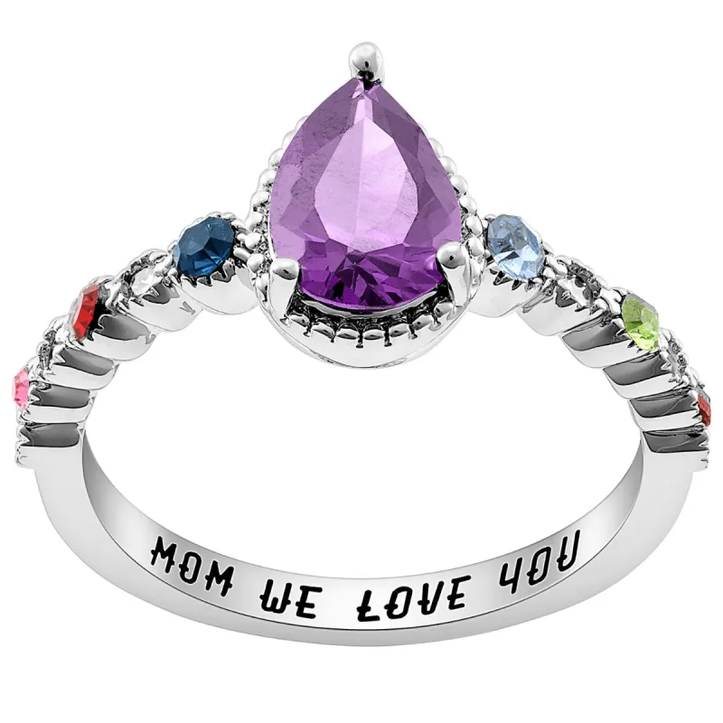 Silver Plated Mother's Pear and Family Birthstone Ring sold by Limoges Jewelry