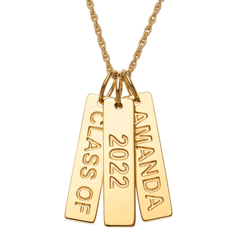 14K Gold over Sterling Engraved Graduation 3 Tag Necklace sold by Limoges Jewelry