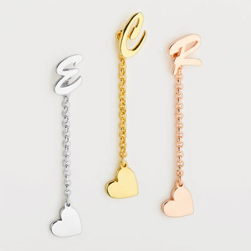 Script Initial Earring with Heart Dangle Button Drop Earrings sold by Limoges Jewelry