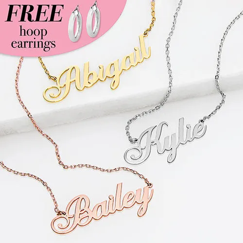 Sterling Silver Fancy Script Name Plaque with Free Hoop Earrings sold by Limoges Jewelry