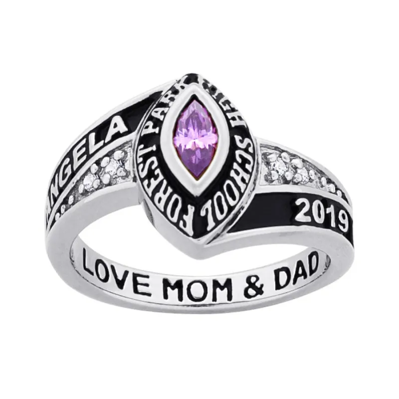 10K White Gold Ladies Marquise Birthstone and CZ Class Ring sold by Limoges Jewelry