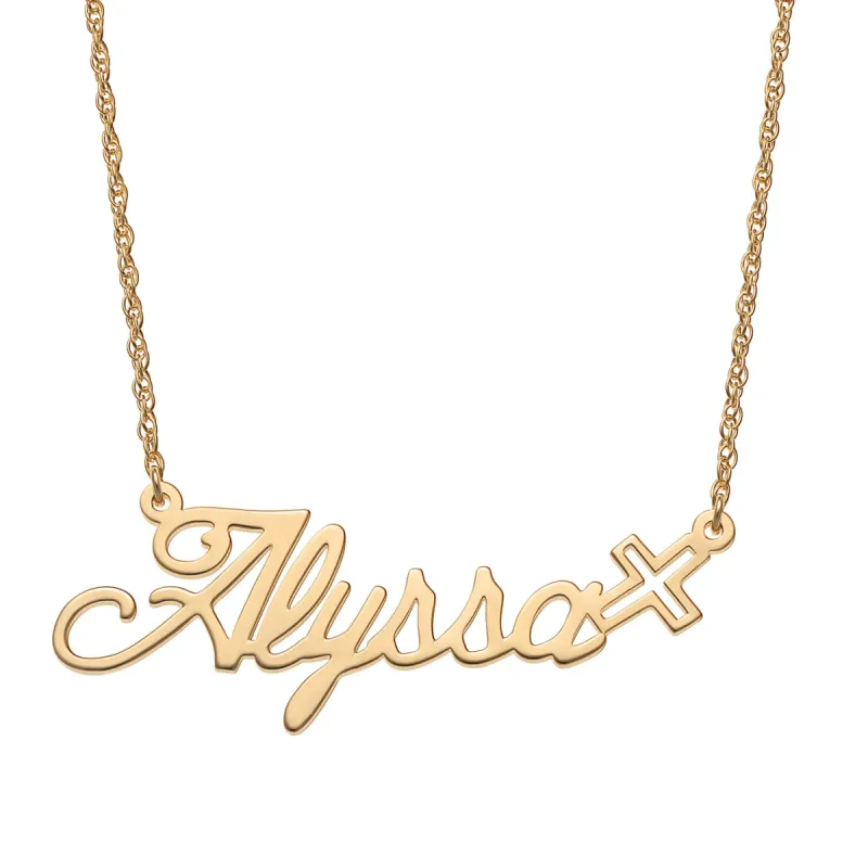 14K Gold over Sterling Script Name with Cross Necklace sold by Limoges Jewelry