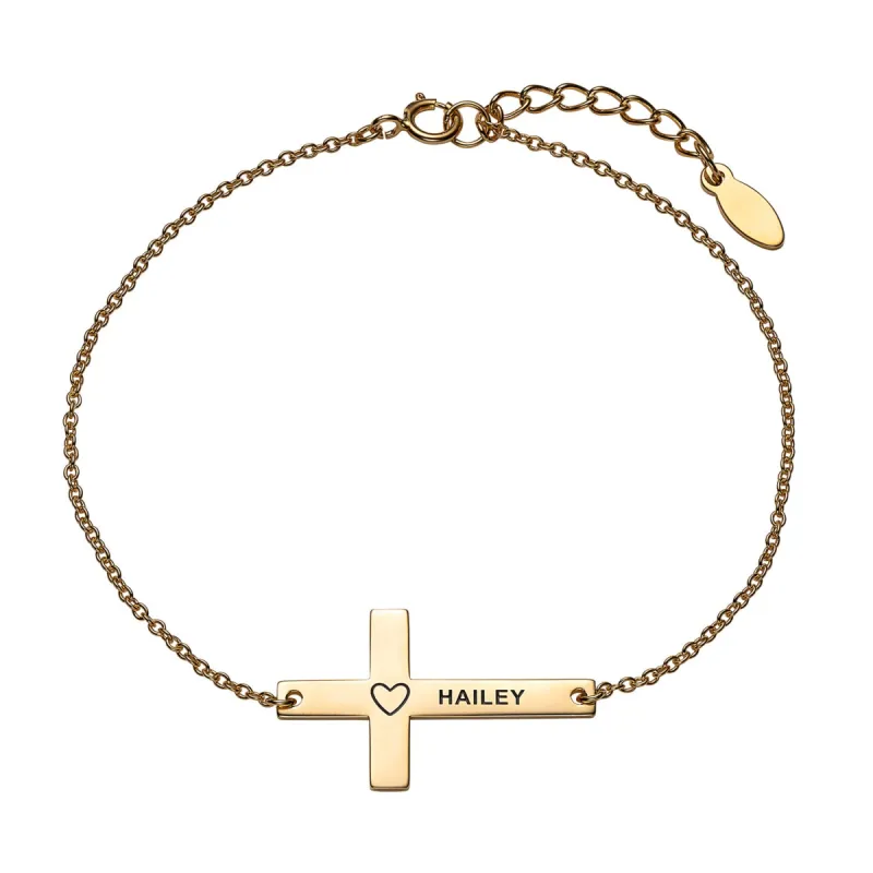 14K Gold over Sterling Engraved Name with Heart Cross Bracelet sold by Limoges Jewelry