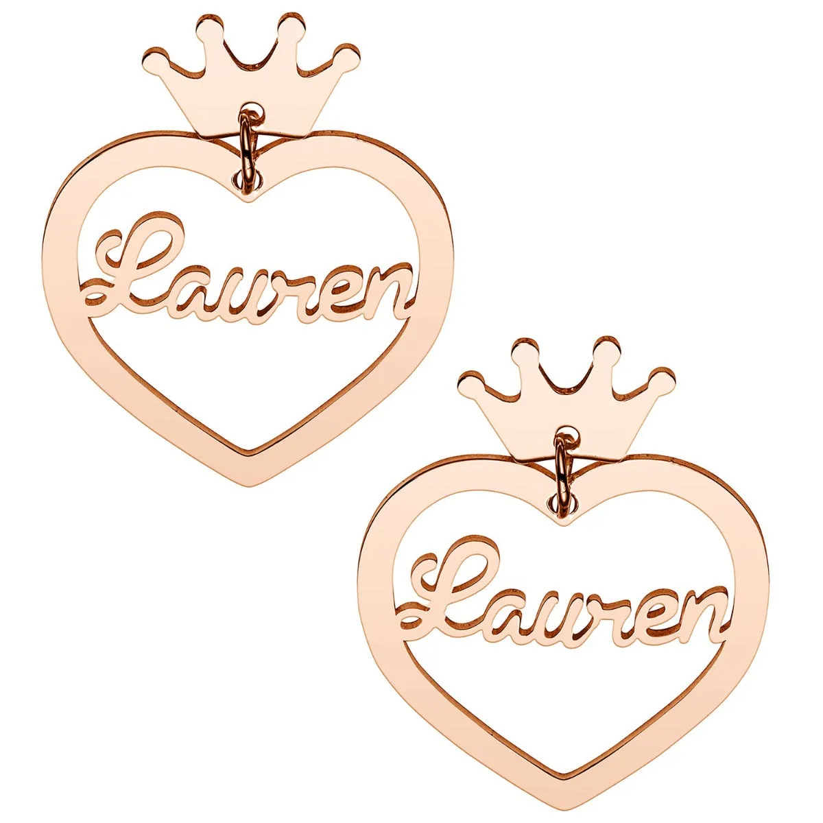 14K Rose Gold Plated Script Name Heart with Crown Dangle Earrings sold by Limoges Jewelry