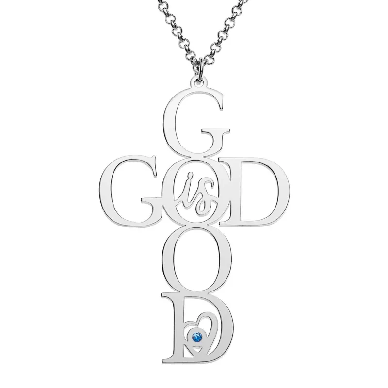 Silver Plated God is Good Cross with Birthstone Necklace sold by Limoges Jewelry