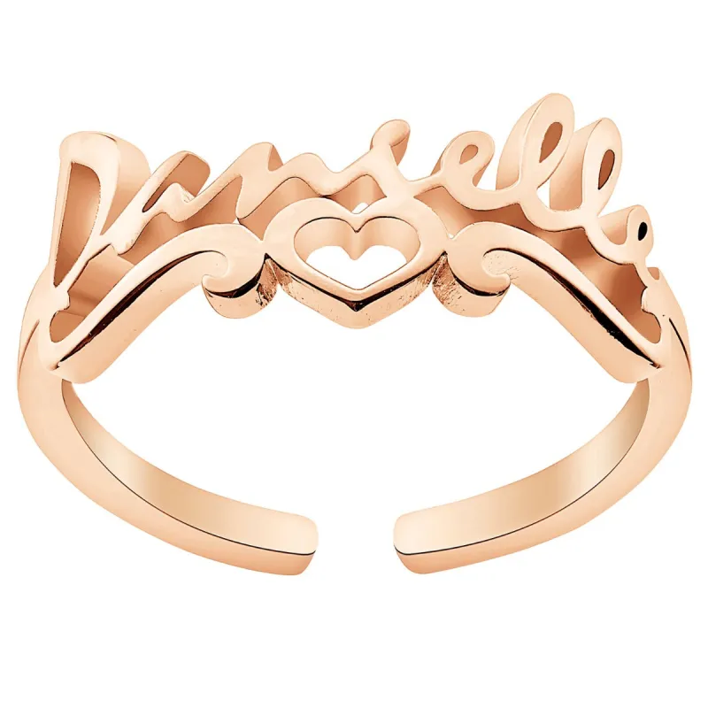 14K Rose Gold Plated Script Name Ring with Heart Scroll sold by Limoges Jewelry