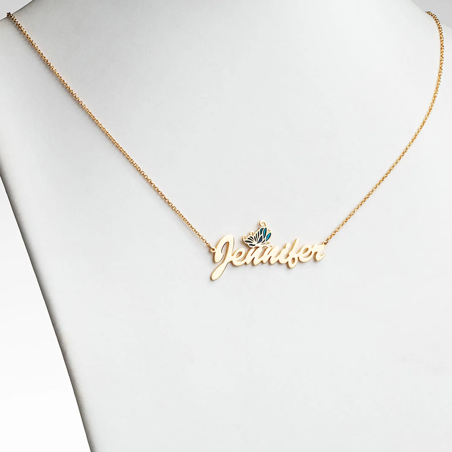 14K Gold Plated Script Name Necklace with Multicolor Blue Enamel Butterfly sold by Limoges Jewelry product image thumbnail 3