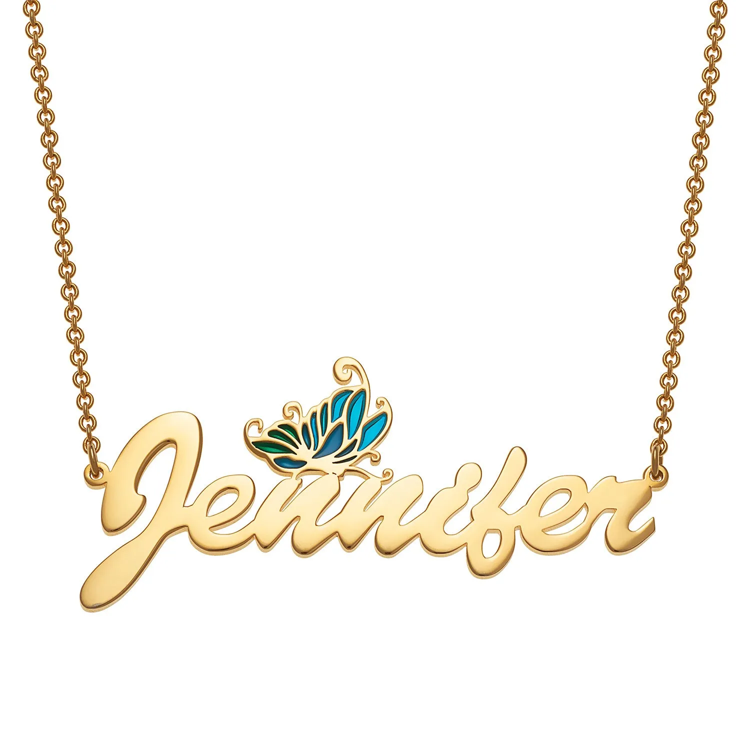 14K Gold Plated Script Name Necklace with Multicolor Blue Enamel Butterfly sold by Limoges Jewelry