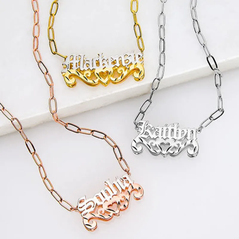 3-D Old English Name Plaque with Diamond Cut Heart Scroll Necklace made by Limoges Jewelry