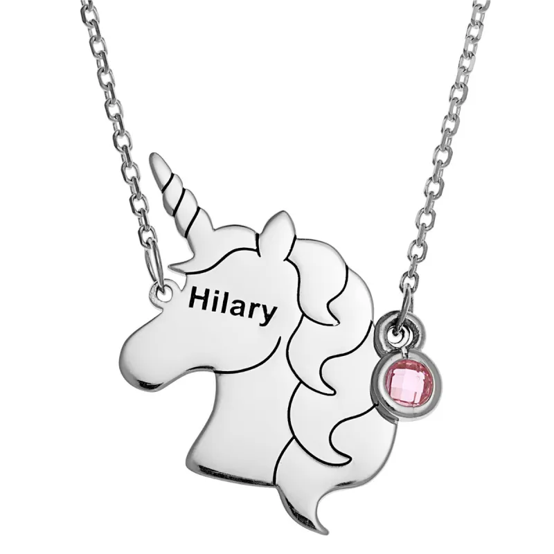 Sterling Silver Unicorn Silhouette Necklace with Birthstone sold by Limoges Jewelry