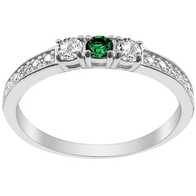 Silver Plated Simulated Emerald and Clear Crystal 3-Stone Ring sold by Limoges Jewelry