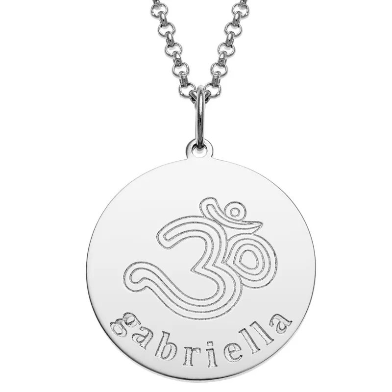 Silver Plated Engraved Name and Om Symbol Disc Necklace sold by Limoges Jewelry