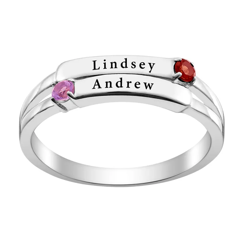 Sterling Silver Engraved Double Name and Genuine Birthstone Ring sold by Limoges Jewelry
