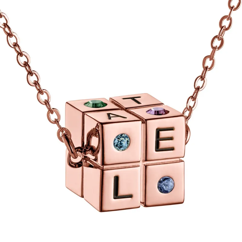 14K Rose Gold Plated Family Initial and Birthstone Cube Necklace sold by Limoges Jewelry