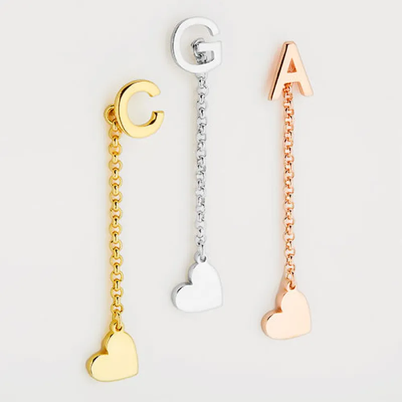 Initial Earring with Heart Dangle Button Drop Earrings sold by Limoges Jewelry
