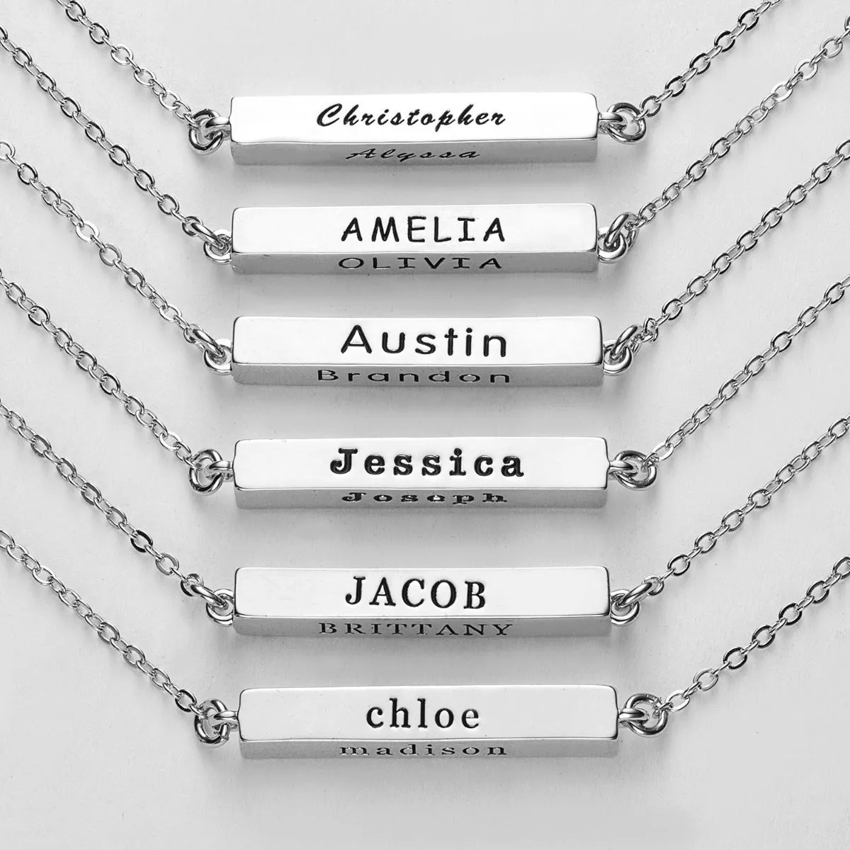 Horizontal 4-Sided Engraved Family Name Necklace sold by Limoges Jewelry
