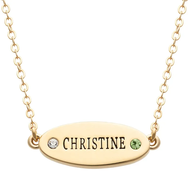 14K Gold Plated Engraved Name and Birthstone Oval Plaque Necklace sold by Limoges Jewelry