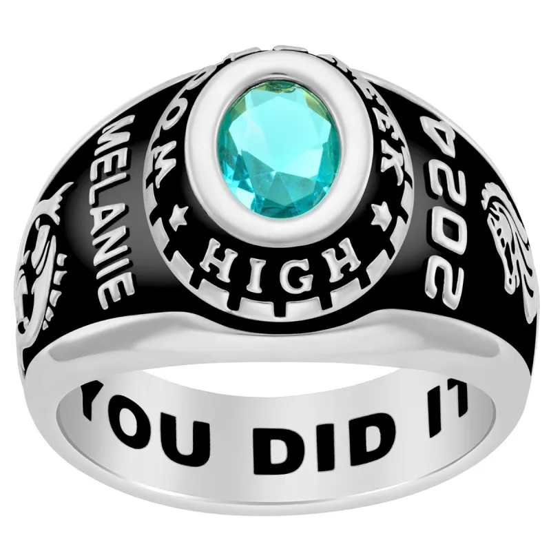 Ladies Platinum Plated CELEBRIUM Traditional Oval Birthstone Class Ring sold by Limoges Jewelry