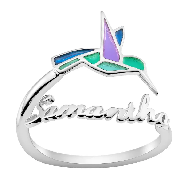 Silver Plated Script Name with Enamel Hummingbird Bypass Ring sold by Limoges Jewelry