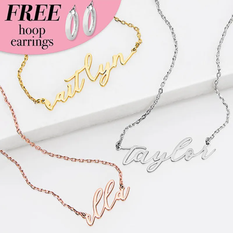 Sterling Silver Lowercase Script Name Plaque with Free Hoop Earrings sold by Limoges Jewelry