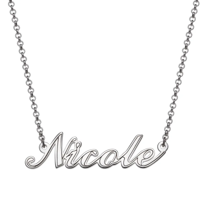 Sterling Silver Script Name with Outline Necklace sold by Limoges Jewelry