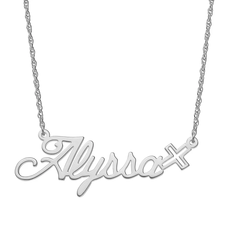 Sterling Silver Script Name with Cross Necklace sold by Limoges Jewelry