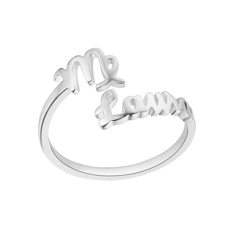 Sterling Silver Script Name and Zodiac Sign Bypass Ring sold by Limoges Jewelry
