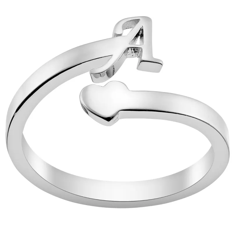Silver Plated Script Initial and Heart Bypass Ring sold by Limoges Jewelry