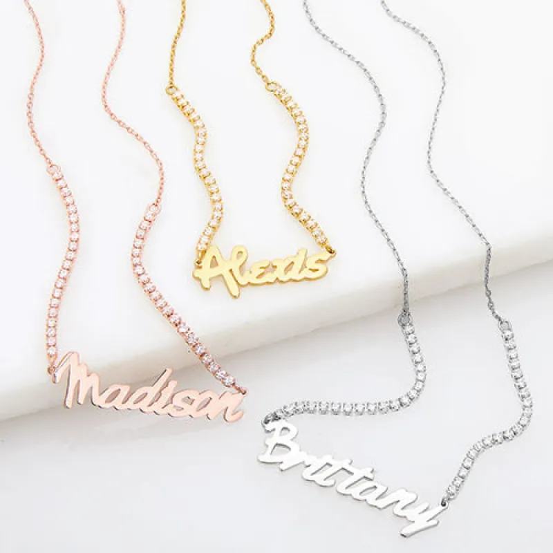 Bold Script Name Plaque CZ Chain Necklace sold by Limoges Jewelry