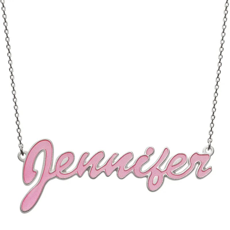 Sterling Silver Name Necklace with Pink Enamel sold by Limoges Jewelry