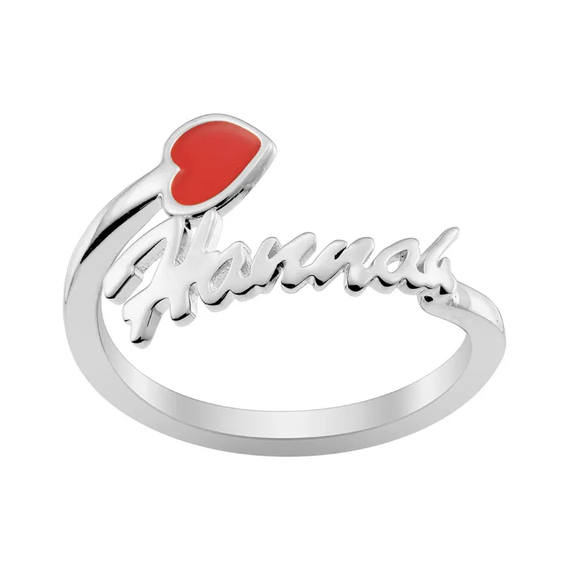 Silver Plated Script Name with Enamel Heart Bypass Ring sold by Limoges Jewelry