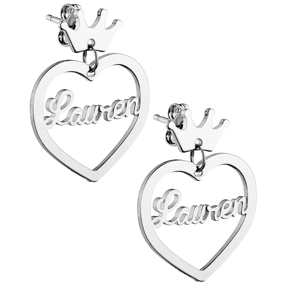 Silver Plated Script Name Heart with Crown Dangle Earrings sold by Limoges Jewelry product image thumbnail 3