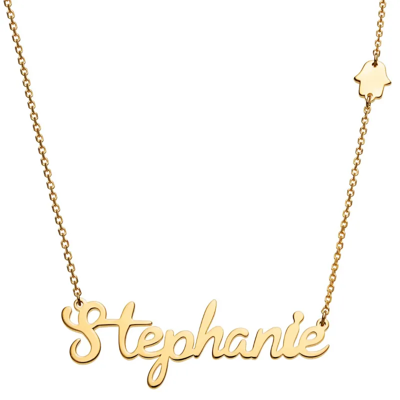 14K Gold Plated Script Name with Hamsa Hand Station Necklace sold by Limoges Jewelry