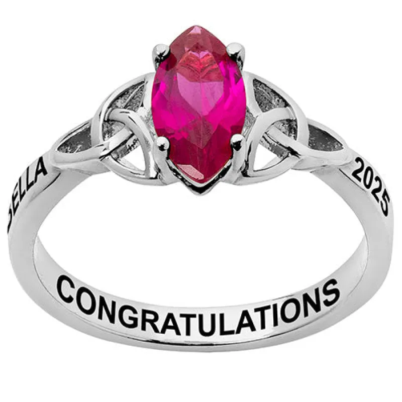 Rhodium Plated Trinity Marquise Birthstone Class Ring sold by Limoges Jewelry