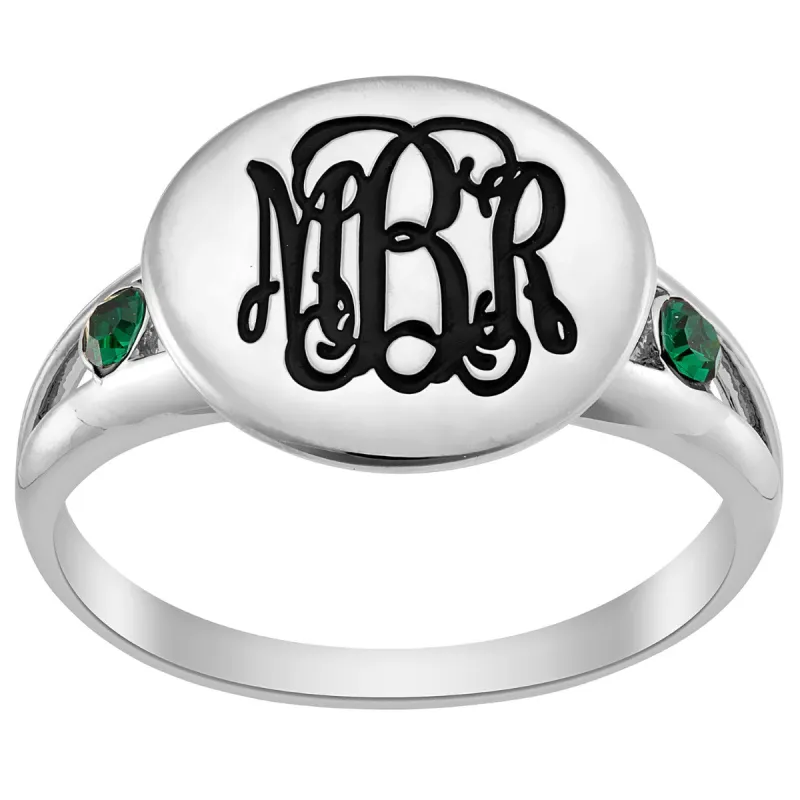 Silver Plated Engraved Monogram and Birthstone Double Band Ring sold by Limoges Jewelry