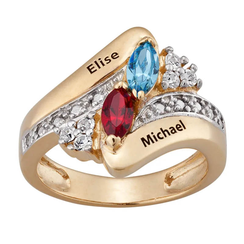 14K Gold over Sterling Couple's Crystal Marquise Birthstone & Name Ring sold by Limoges Jewelry