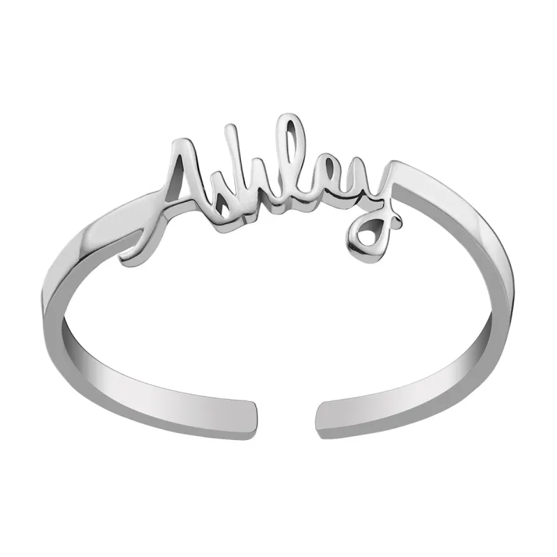 Sterling Silver Petite Script Name Ring sold by Limoges Jewelry