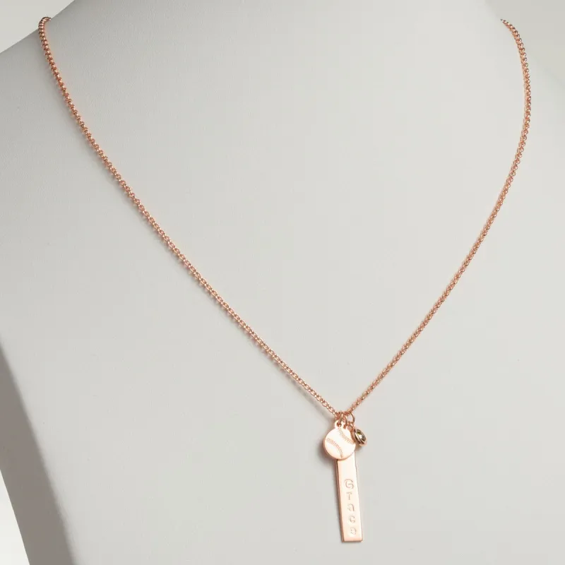 14K Rose Gold Plated Name Necklace with Baseball Charm and Birthstone Dangle sold by Limoges Jewelry