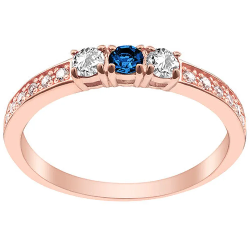 14K Rose Gold Plated Simulated Sapphire and Clear Crystal 3-Stone Ring sold by Limoges Jewelry