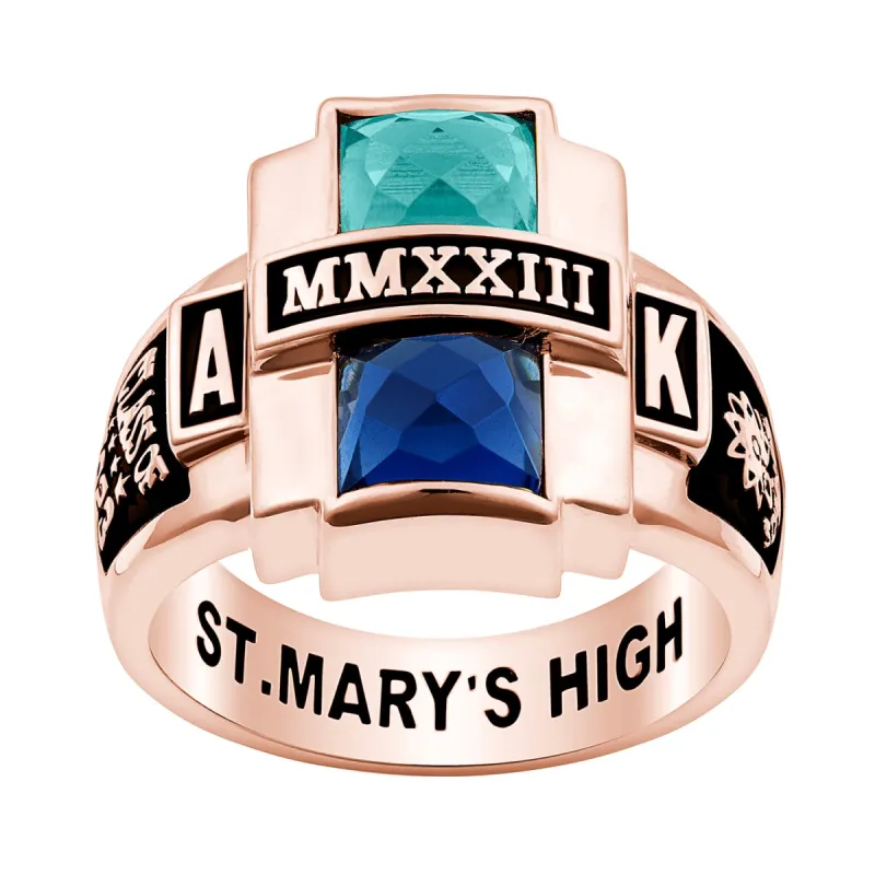 Ladies' 14K Rose Gold over Sterling Double Birthstone Rectangle Class Ring sold by Limoges Jewelry