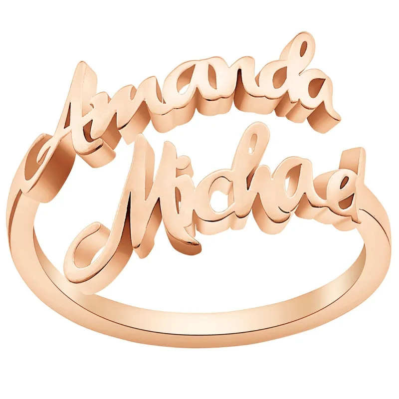 14K Rose Gold Plated Double Script Name Bypass Ring sold by Limoges Jewelry