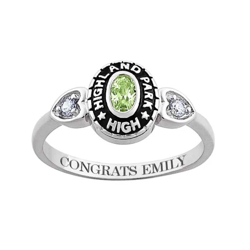 Ladies Platinum Plated Traditional Oval Stone & CZ Heart Class Ring sold by Limoges Jewelry