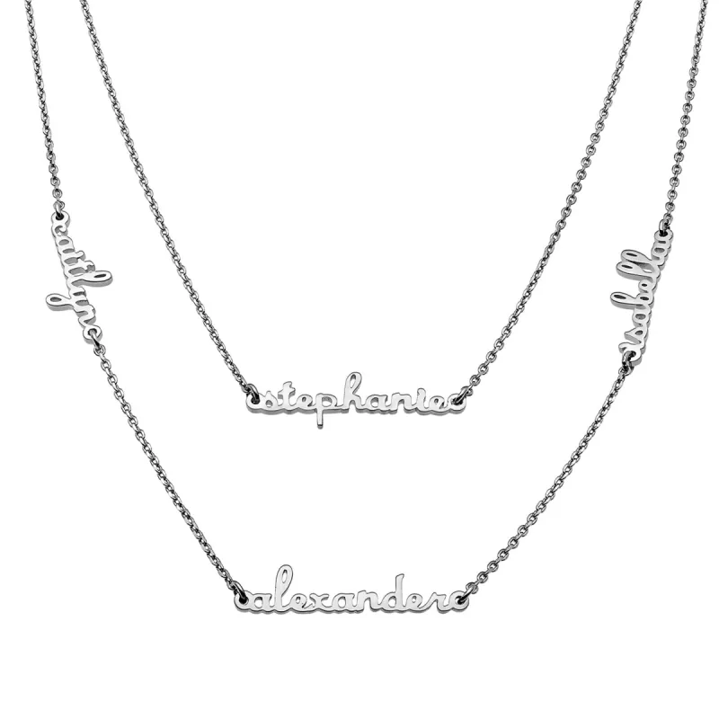 Sterling Silver Petite Script Family Name Layered Necklace- 4 Names sold by Limoges Jewelry