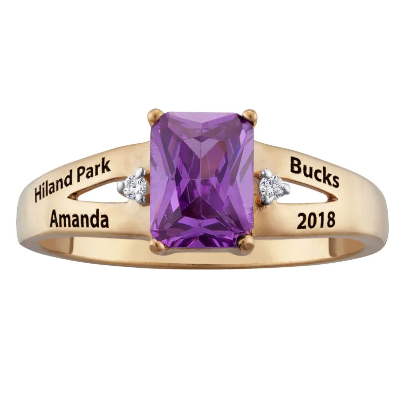 10K Yellow Gold Emerald-cut Birthstone and Diamond Accents Class Ring sold by Limoges Jewelry