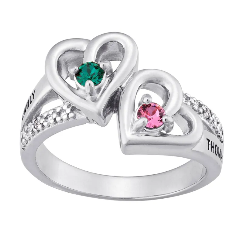 Sterling Silver Couple's Birthstone Hearts Name Ring with Diamond sold by Limoges Jewelry