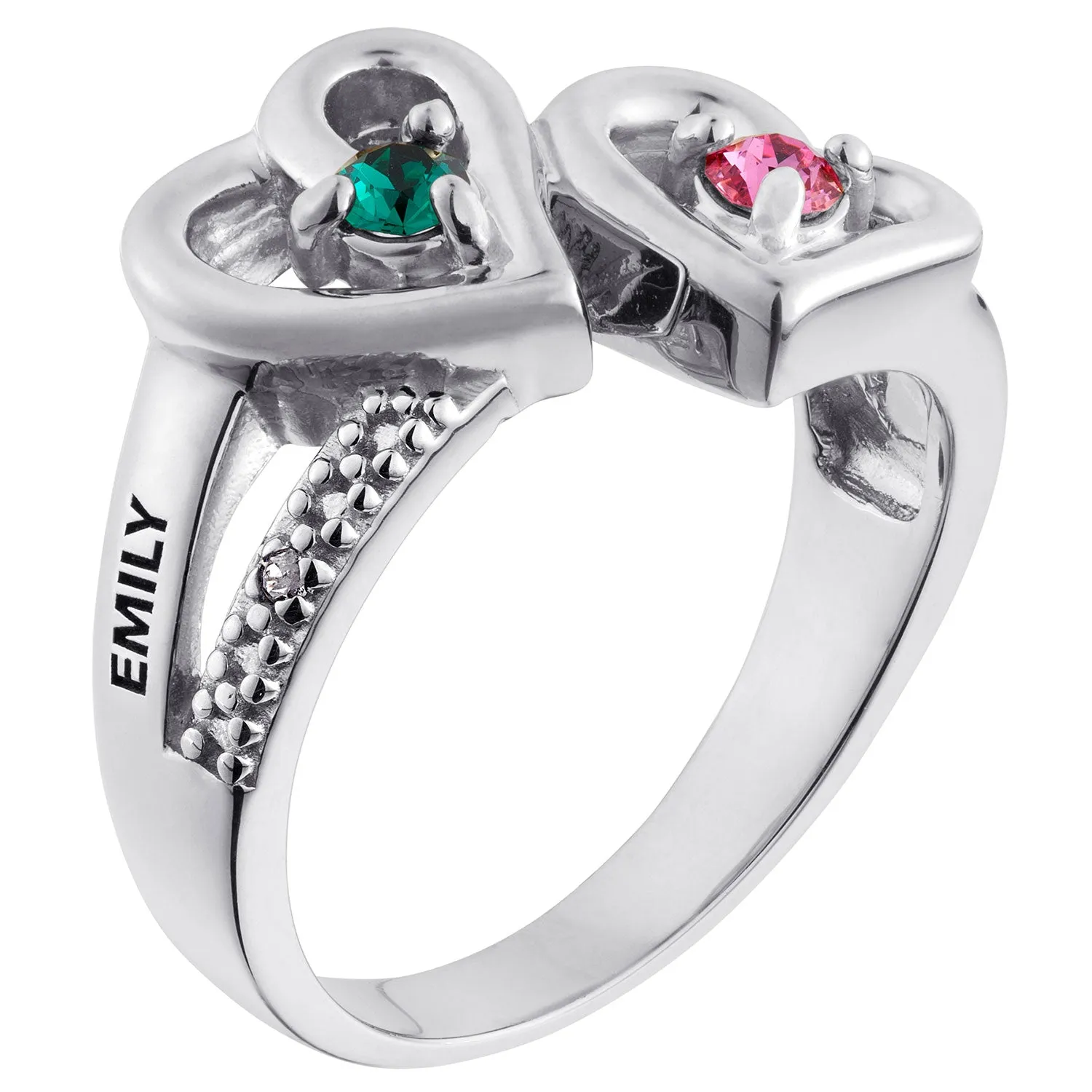 Sterling Silver Couple's Birthstone Hearts Name Ring with Diamond sold by Limoges Jewelry product image thumbnail 2