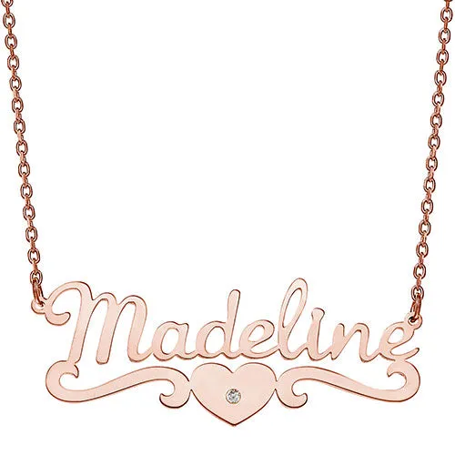 10K Rose Gold Script Name with CZ Heart Scroll Necklace sold by Limoges Jewelry